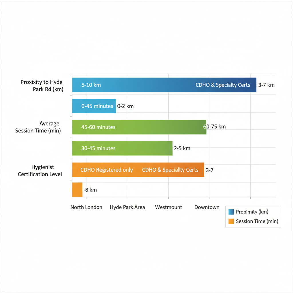 Infographic showing comparison of teeth cleaning services in London neighborhoods by proximity, session time, and certification levels