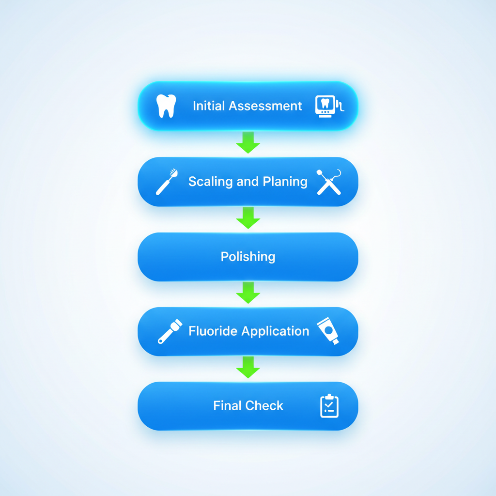 Vertical process flow diagram illustrating five stages of professional teeth cleaning with icons and arrows.