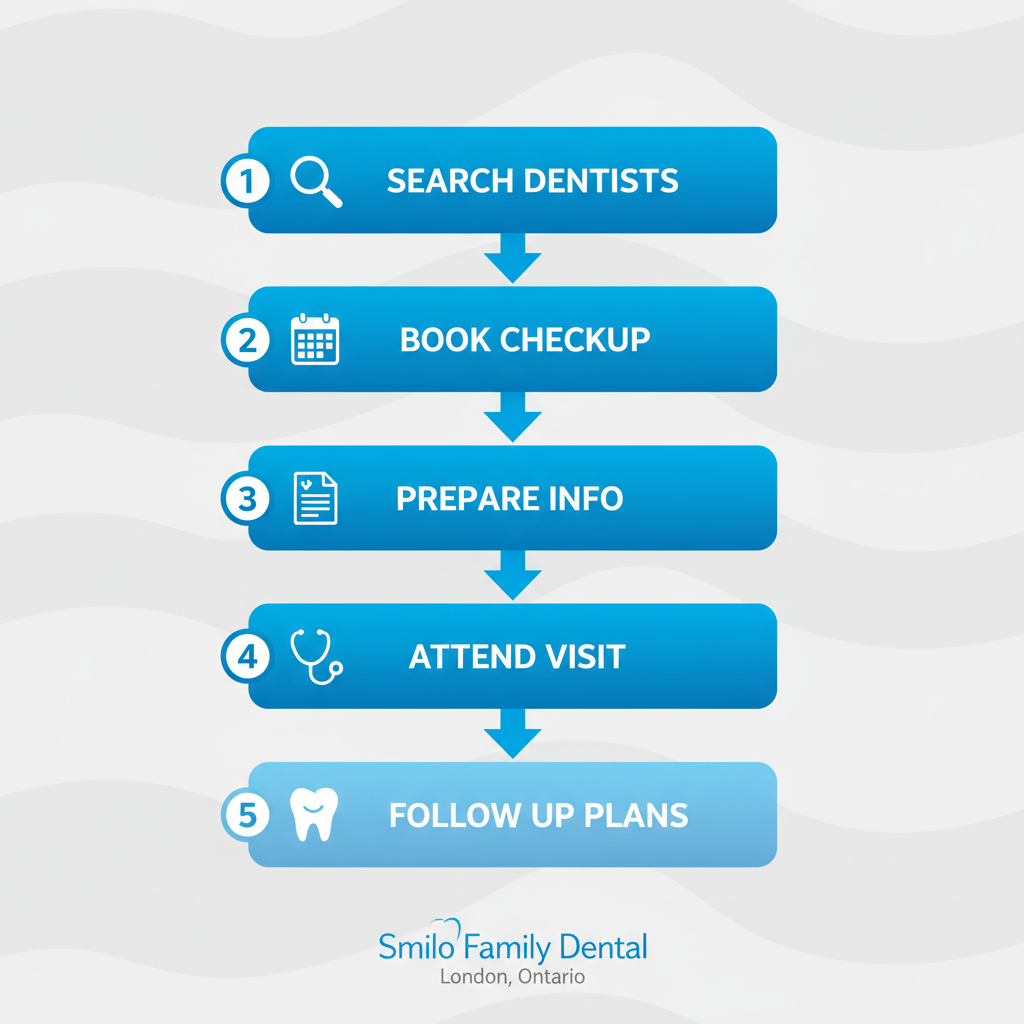 Vertical process flow diagram illustrating five steps to start family dental care with icons and blue rounded boxes.