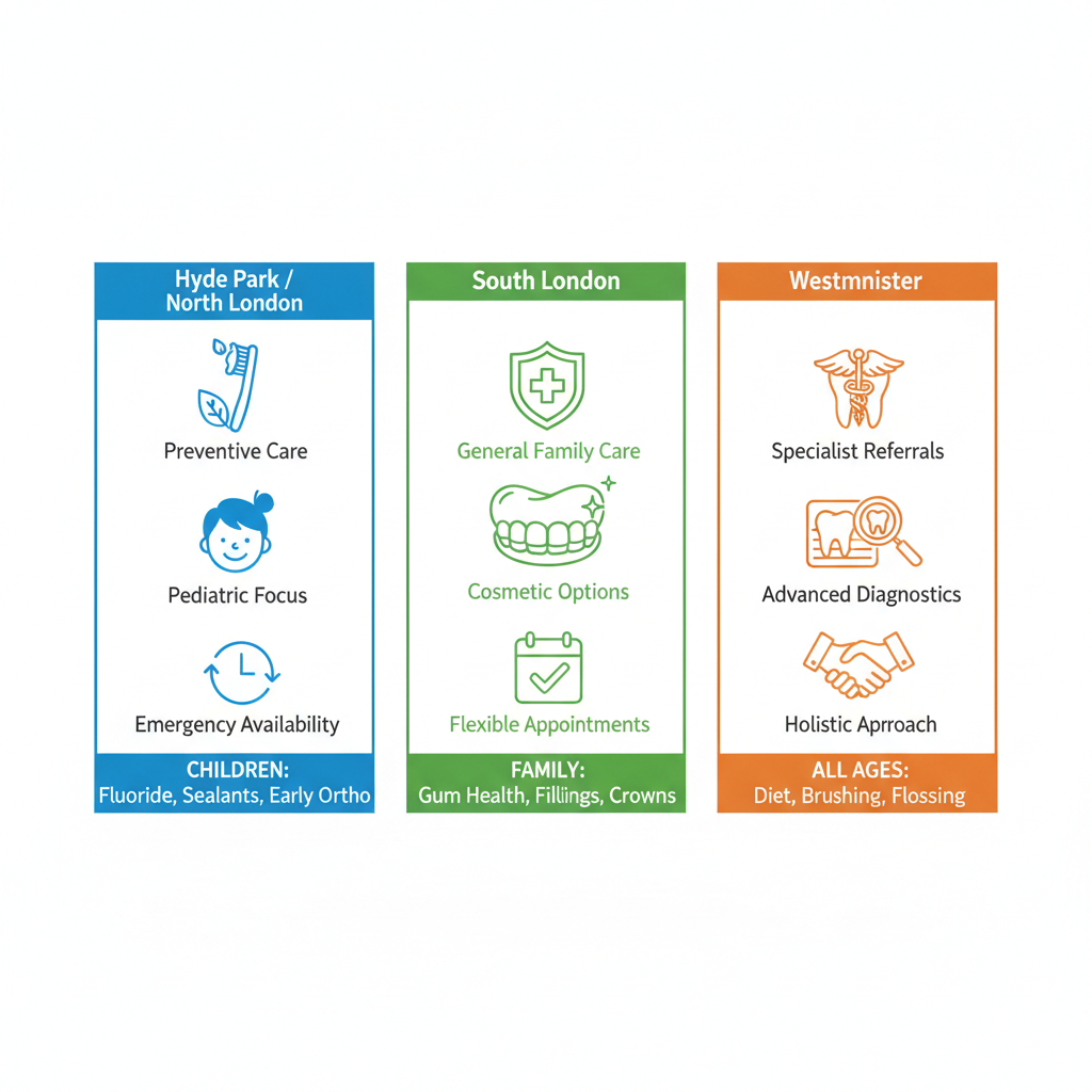 Infographic comparing family dental services in London neighborhoods: Hyde Park, South London, and Westminster with icons for preventive, pediatric, and emergency care.