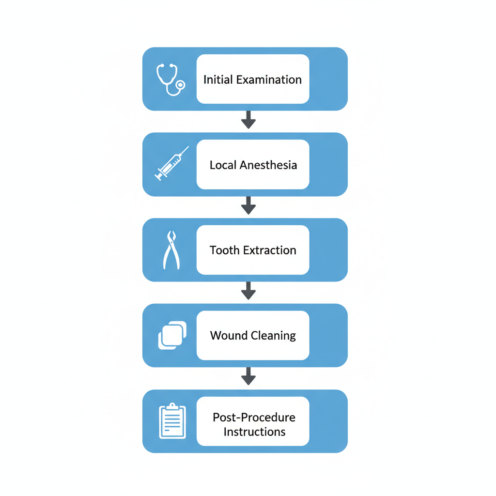 Vertical process flow illustrating the five stages of tooth extraction at Smilo Family Dental: initial examination, local anesthesia, extraction, wound cleaning, and post-procedure instructions.