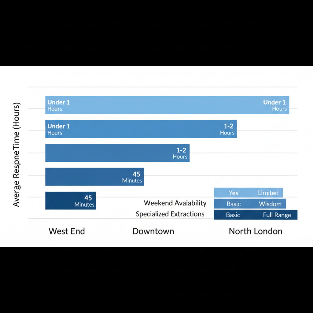 Horizontal bar chart comparing emergency dental response times and services in London neighborhoods