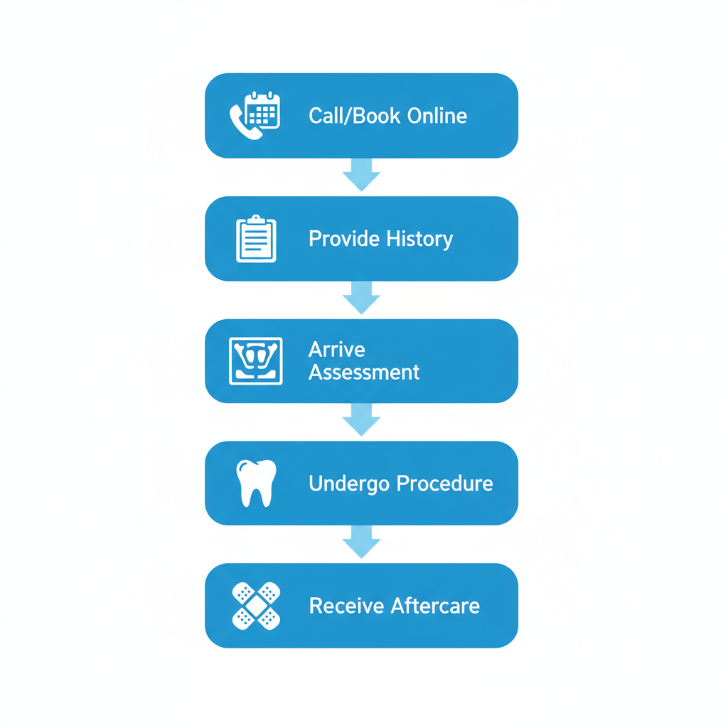 Vertical process flow diagram showing five steps to schedule emergency tooth extraction with icons and labels.
