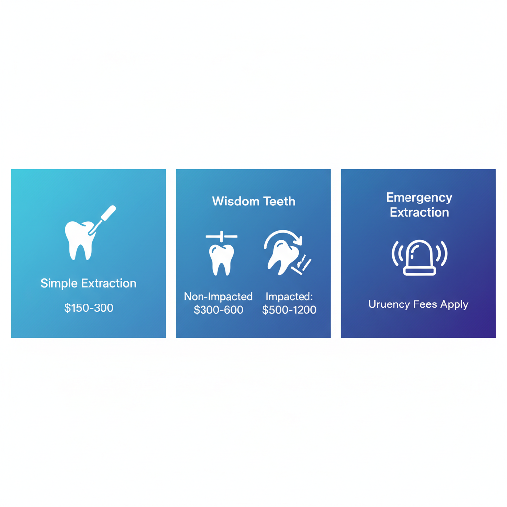Infographic showing cost ranges for tooth extraction services including simple, wisdom teeth, and emergency procedures.