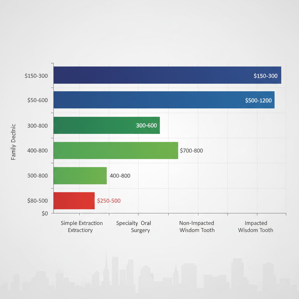 Horizontal bar chart comparing tooth extraction costs across family dental, specialty oral surgery, and emergency clinics in London, Ontario, with cost ranges in CAD.
