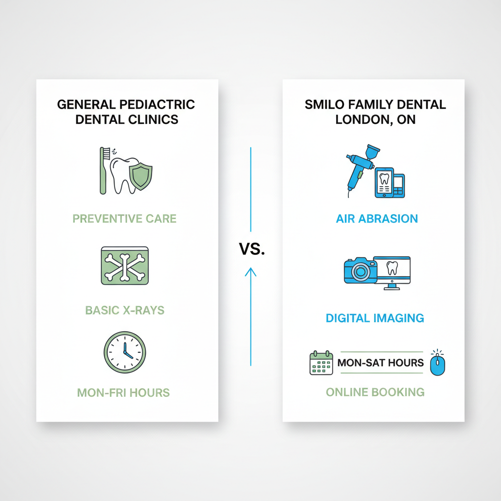 Infographic comparing general pediatric dental clinics and Smilo Family Dental services in London, Ontario