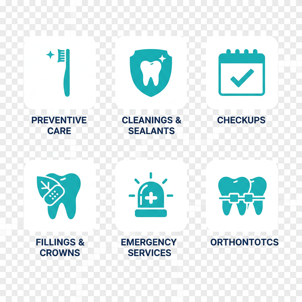 Square grid of six flat icons depicting pediatric dental services: preventive care toothbrush, cleanings shield, checkups calendar, restorative patch, emergency siren, orthodontics braces.
