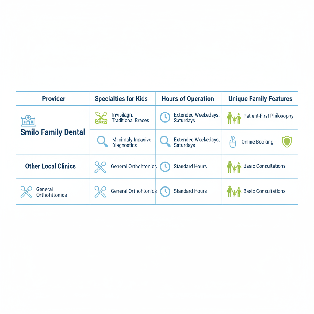 Infographic comparing pediatric orthodontic providers in London, Ontario, featuring Smilo Family Dental and local clinics with specialties, hours, and features.