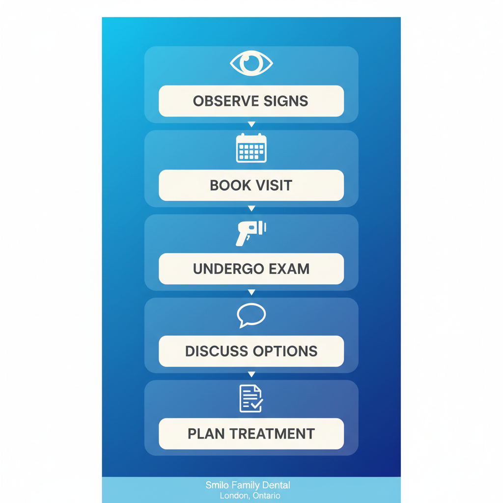 Vertical process flow diagram showing five steps to start child's orthodontic care: observe signs, book visit, exam, consultation, treatment plan.