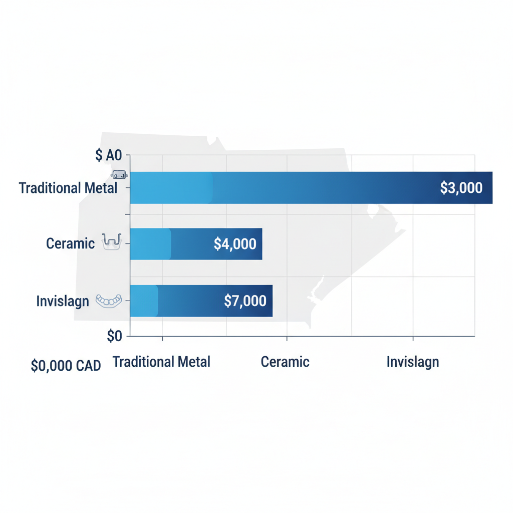 Bar chart of average costs for different kids' braces types in Ontario, including traditional metal, ceramic, and Invisalign, with cost ranges in CAD.