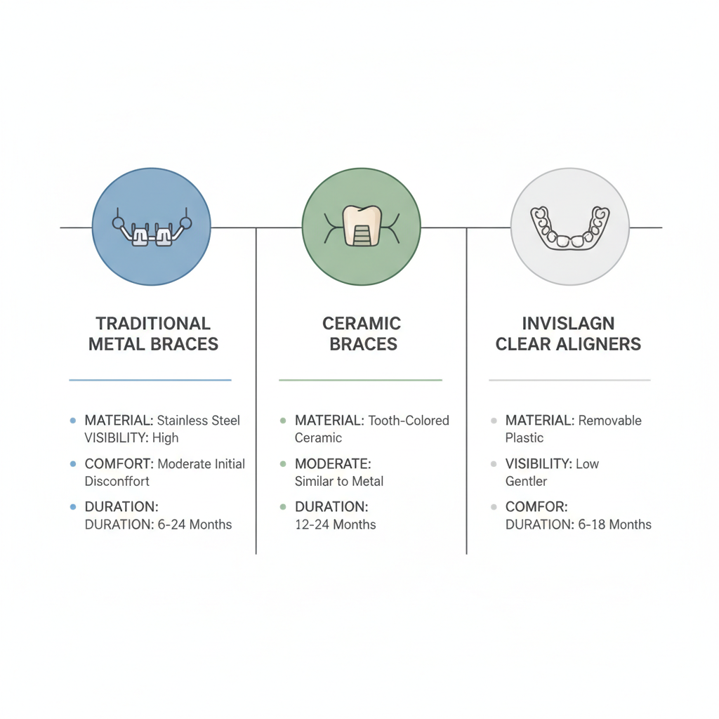 Infographic comparing traditional metal braces, ceramic braces, and Invisalign clear aligners for children's orthodontic care, showing materials, visibility, comfort, and duration.