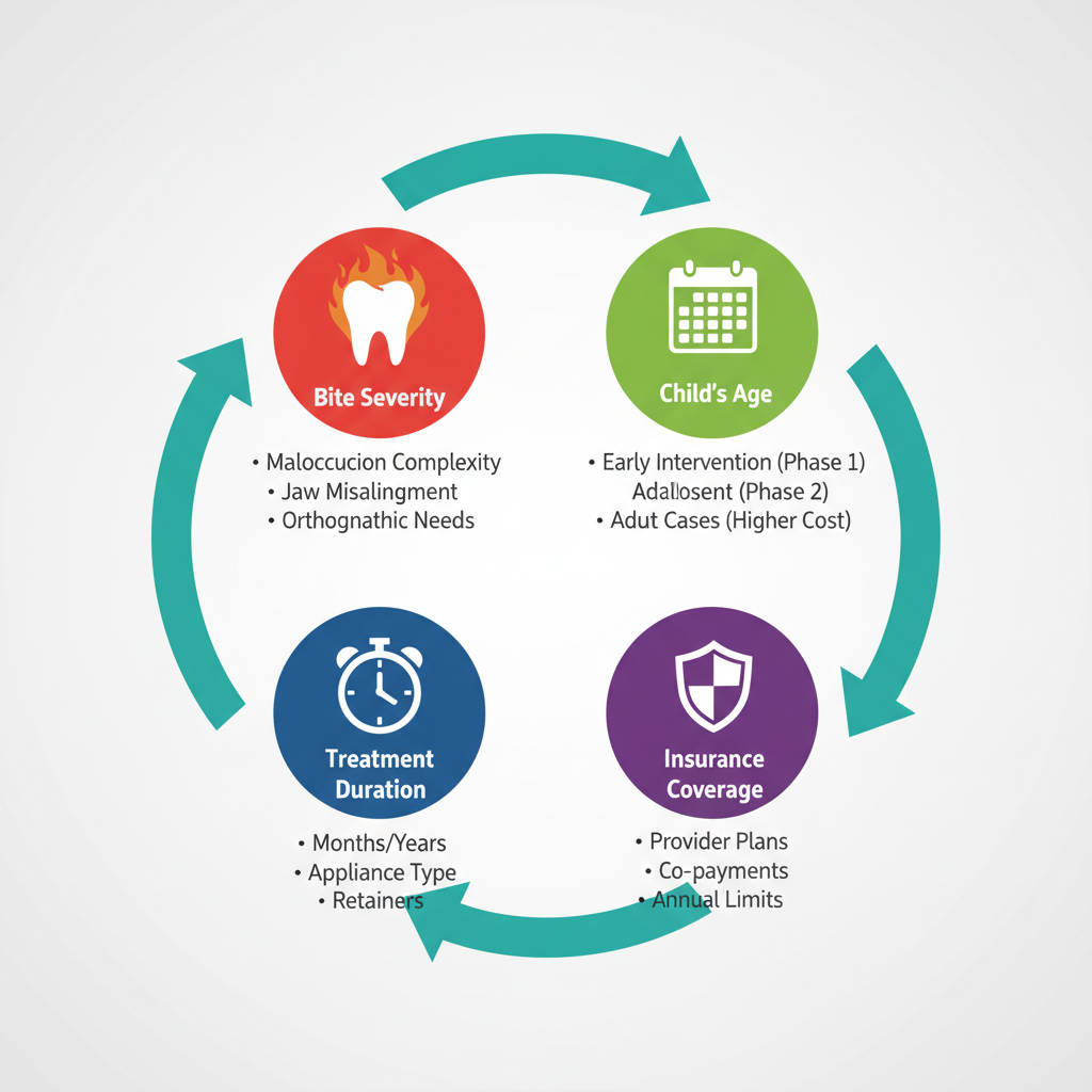 Infographic illustrating key factors affecting pediatric orthodontics pricing: bite severity, child's age, treatment duration, and insurance coverage in London, Ontario.