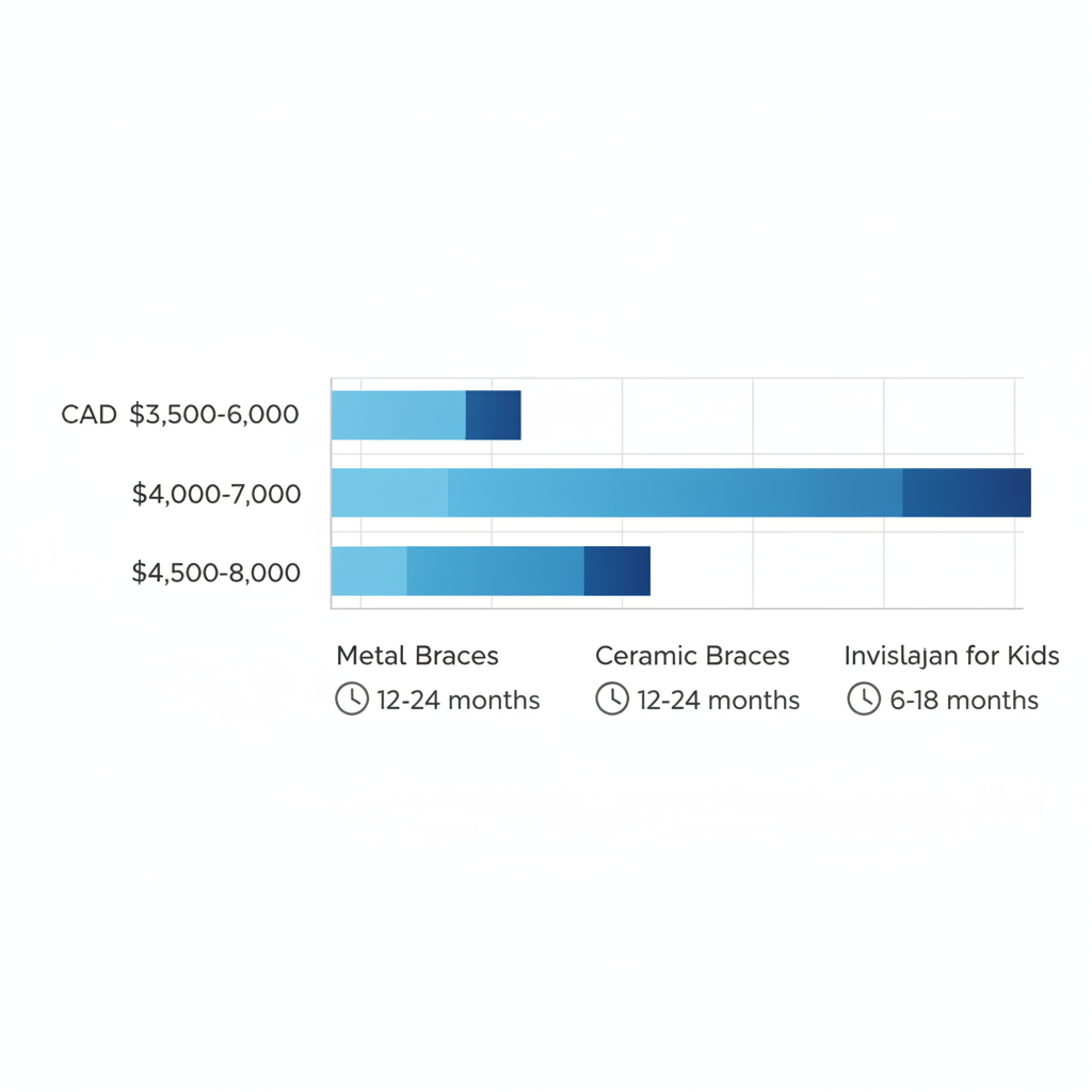 Horizontal bar chart comparing average cost ranges for children's orthodontic treatments in London, Ontario, including metal braces, ceramic braces, and Invisalign, with duration icons.
