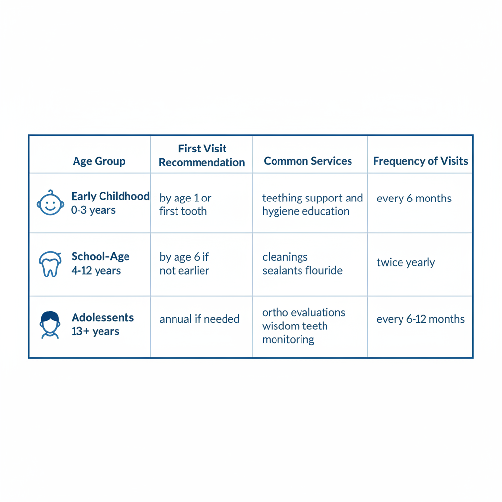 Infographic table visualizing pediatric dental care guidelines by age group in London Ontario including first visit recommendations common services and visit frequency