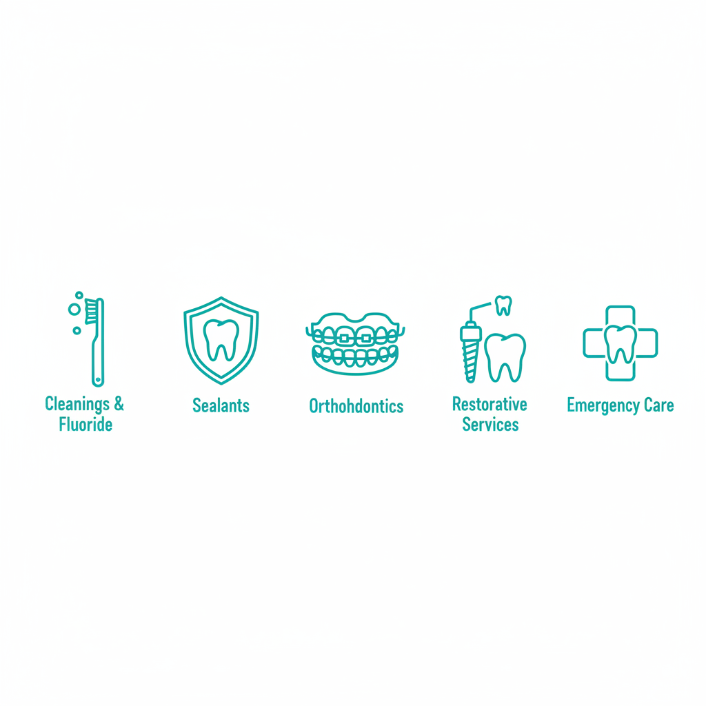 Row of five teal icons representing pediatric dental services: cleanings and fluoride, sealants, orthodontics, restorative work, and emergency care.
