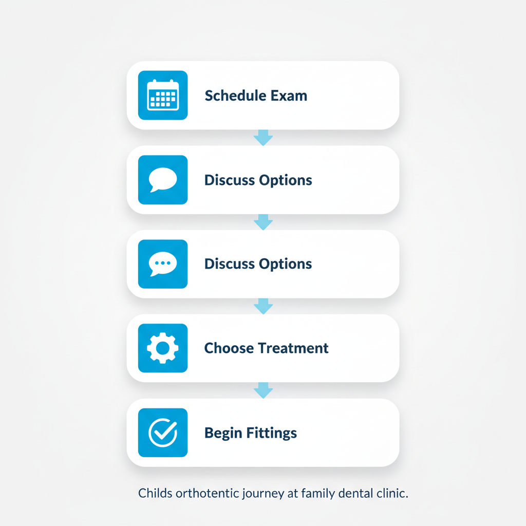 Vertical process flow diagram illustrating four steps to start a child's orthodontic treatment: scheduling exam, discussing options, choosing treatment, and beginning fittings with icons and blue elements.