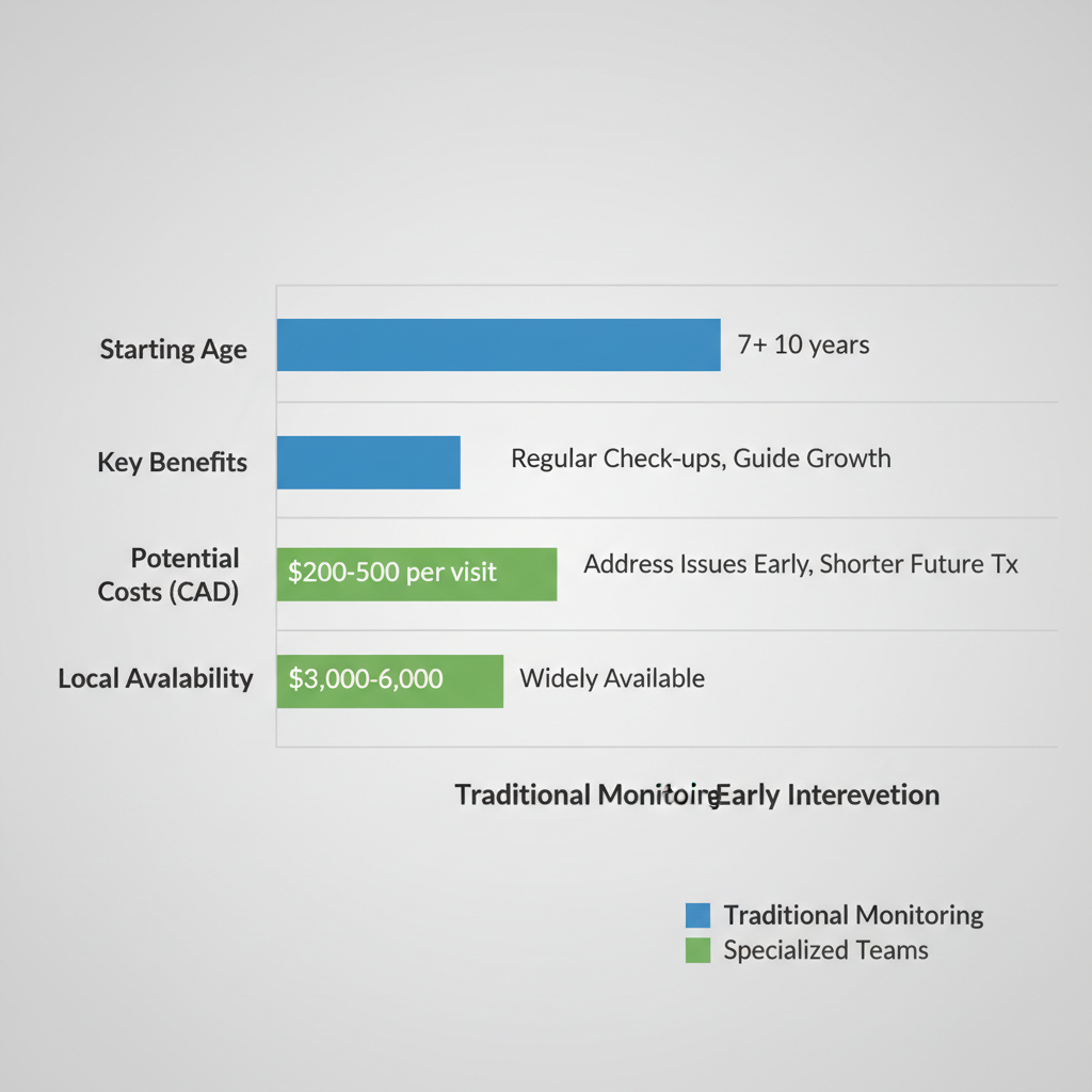 Horizontal bar chart comparing traditional orthodontic monitoring and early intervention options for children, showing starting ages, benefits, costs in CAD, and local availability in London, Ontario.
