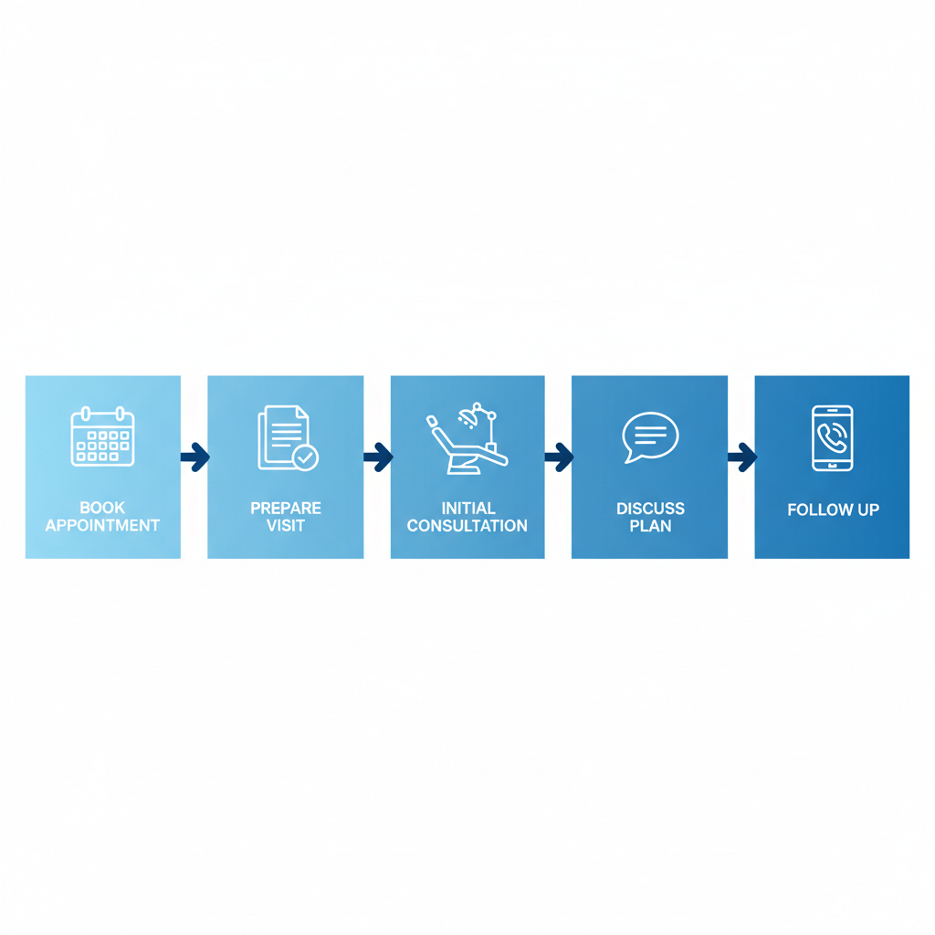 Horizontal process flow diagram illustrating the five steps to begin dental care at Smilo Family Dental: booking an appointment, preparing for the visit, attending the initial consultation, discussing the treatment plan, and following up.