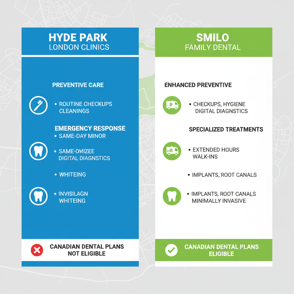 Infographic comparing dental services between generic Hyde Park clinics and Smilo Family Dental, featuring preventive, emergency, and specialized care icons.