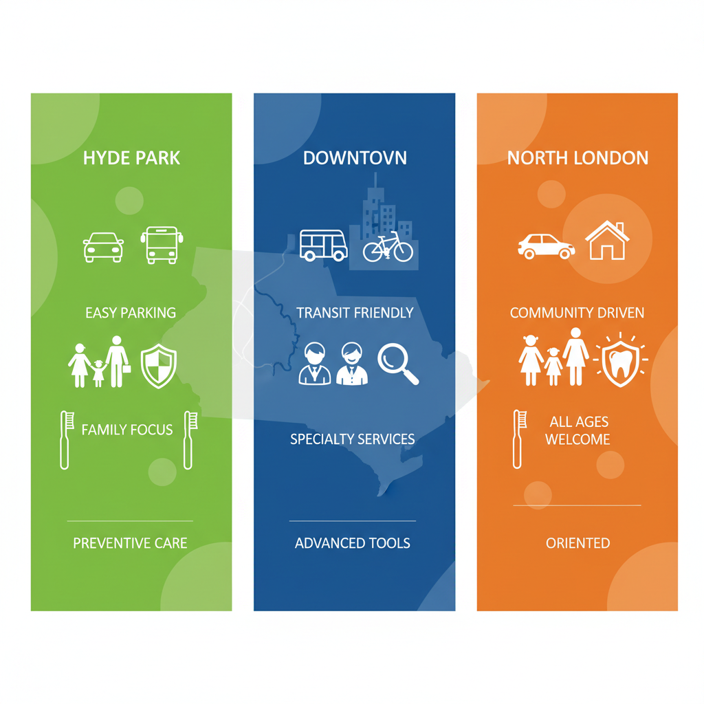 Infographic showing comparison of dental care landscape in Hyde Park, Downtown, and North London areas of Ontario with icons for accessibility, family services, and preventive care.