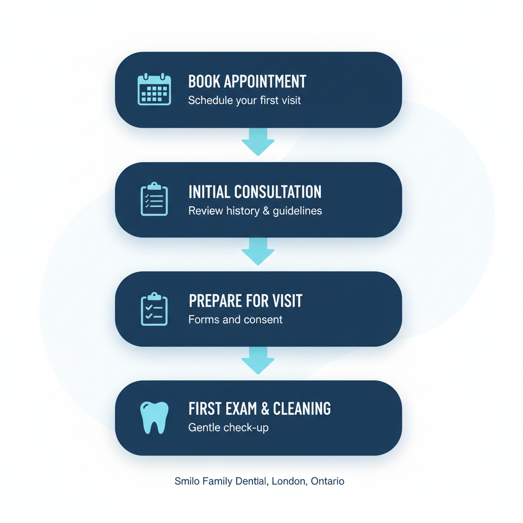 Vertical process flow diagram illustrating four steps to begin family dentistry: booking, consultation, preparation, and initial exam with icons and brief descriptions.