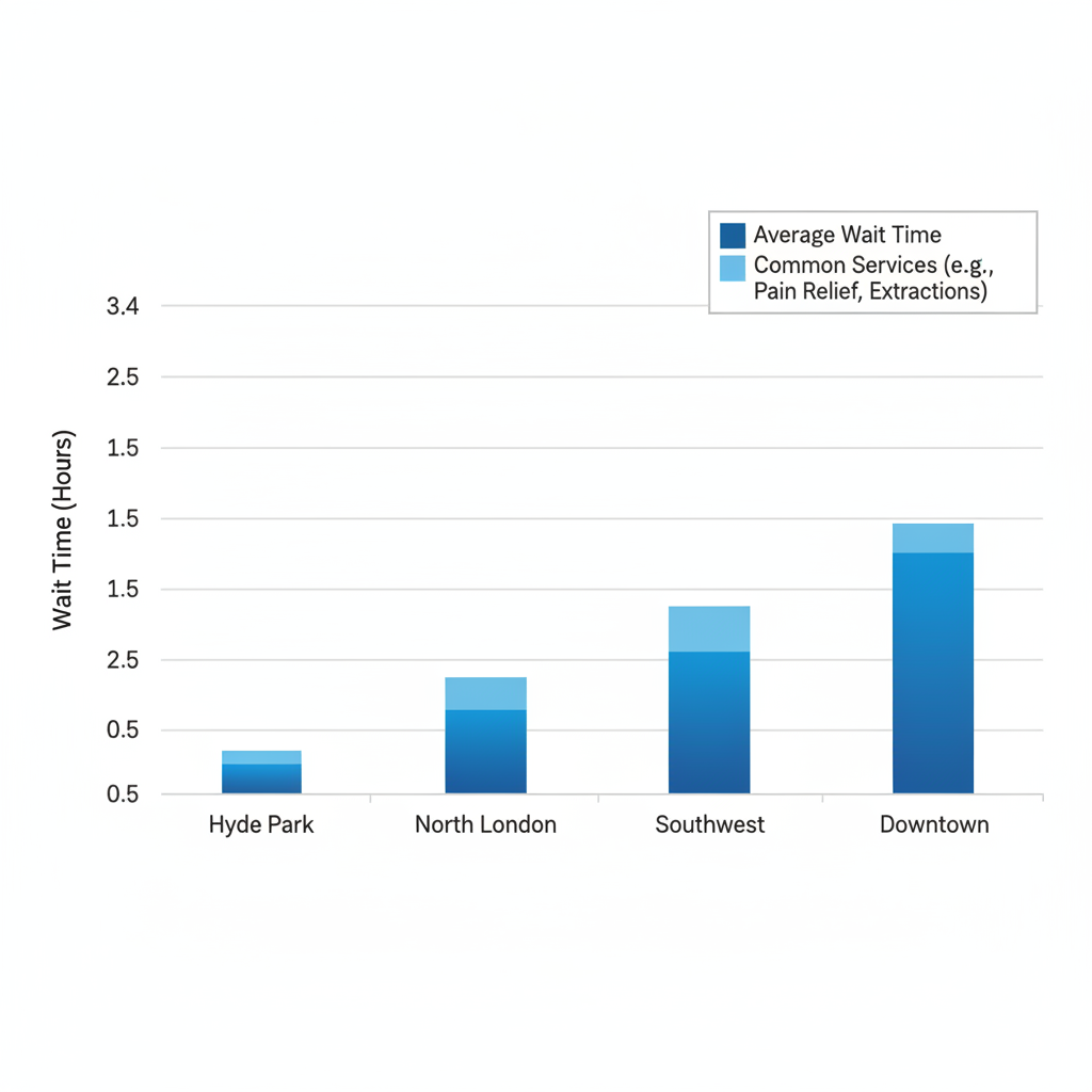 Horizontal bar chart comparing emergency dental wait times in London, Ontario neighborhoods including Hyde Park, North London, Southwest, and Downtown, with secondary data for pain relief and extractions.