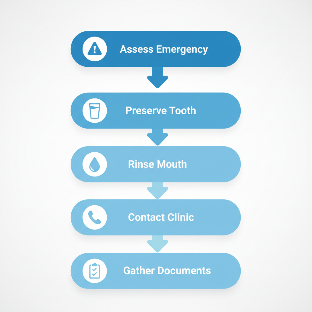 Vertical process flow diagram showing five steps to prepare for same-day dental emergency care