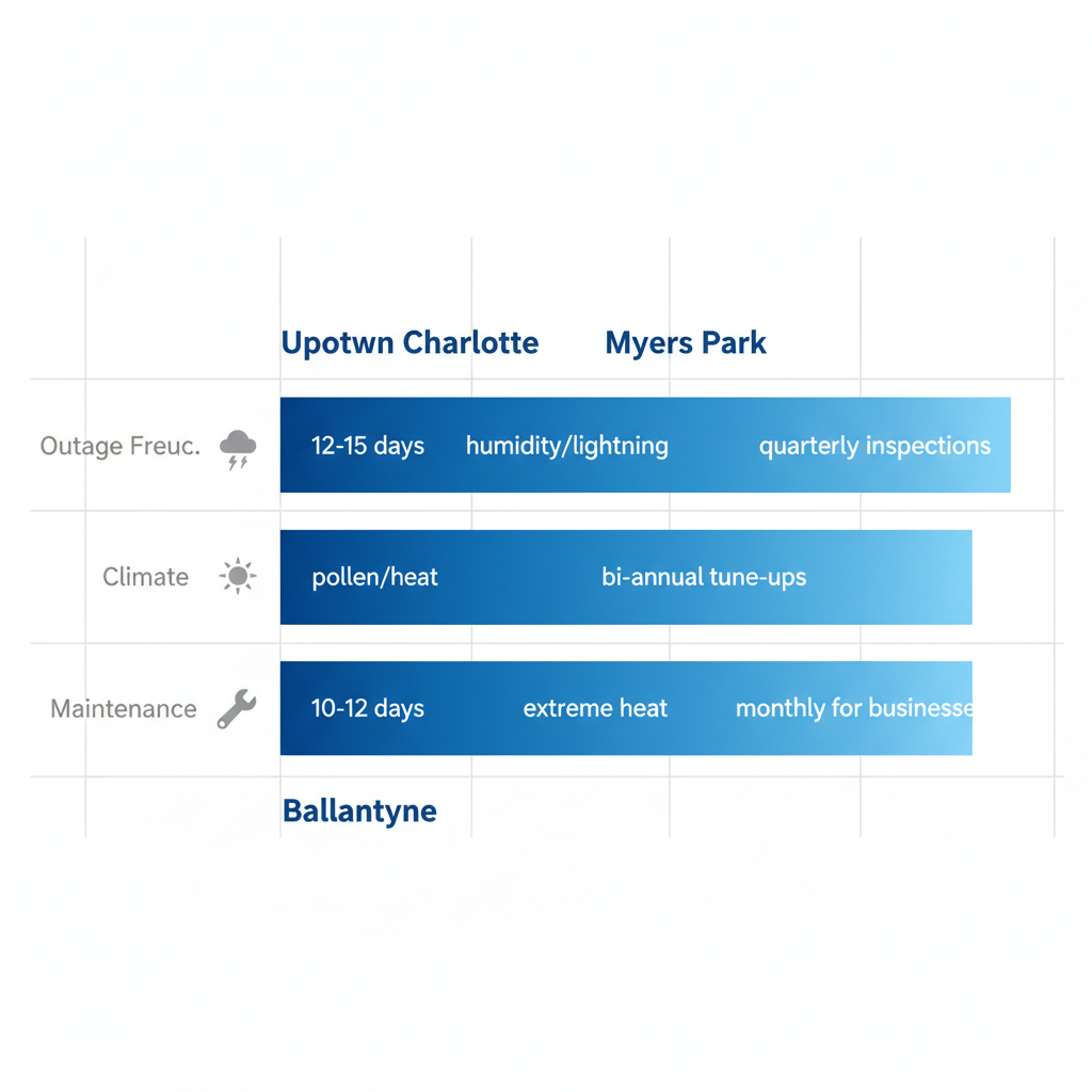 Horizontal bar chart showing generator maintenance needs by outage frequency, climate challenges, and focus areas for Uptown Charlotte, Myers Park, and Ballantyne neighborhoods.