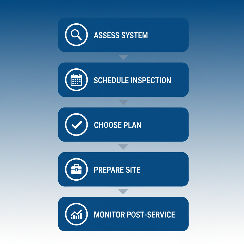 Vertical process flow diagram illustrating five steps to begin generator maintenance: assess system, schedule inspection, choose plan, prepare site, and monitor post-service.