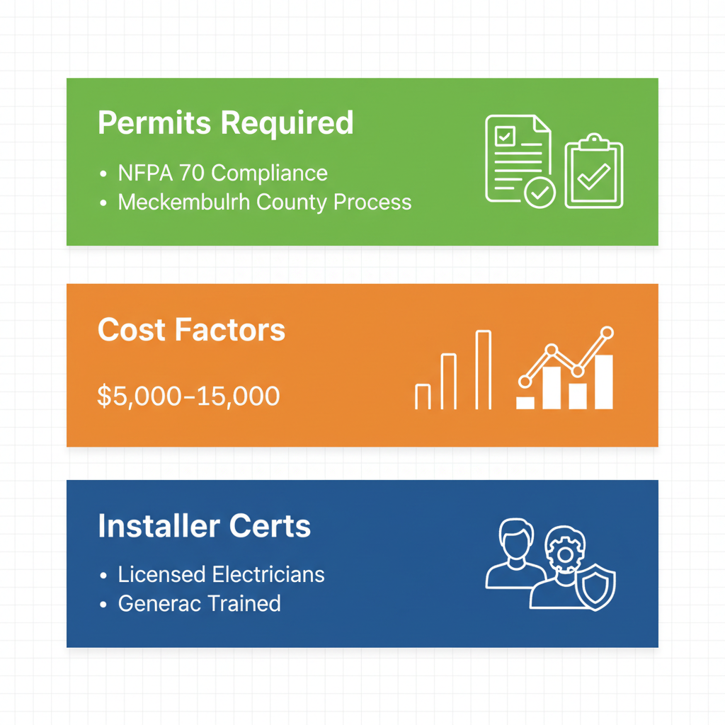 Infographic outlining key requirements for Generac generator installation in Charlotte: permits, costs, and certified installers