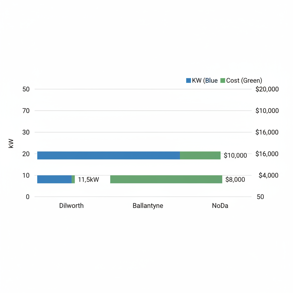 Bar chart comparing generator power ratings in kW and estimated costs for three Charlotte neighborhoods: Dilworth, Ballantyne, and NoDa.