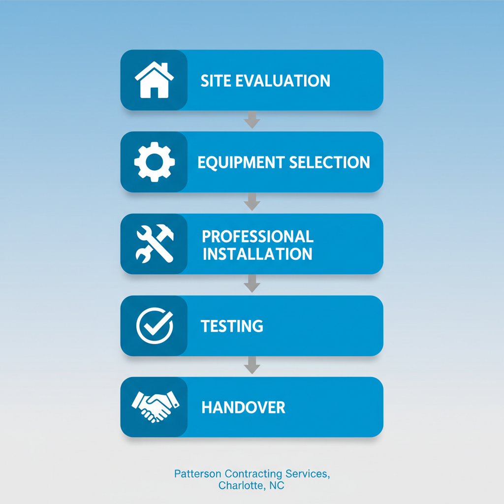 Vertical process flow diagram illustrating the five stages of generator installation: site evaluation, equipment selection, professional installation, testing, and handover.