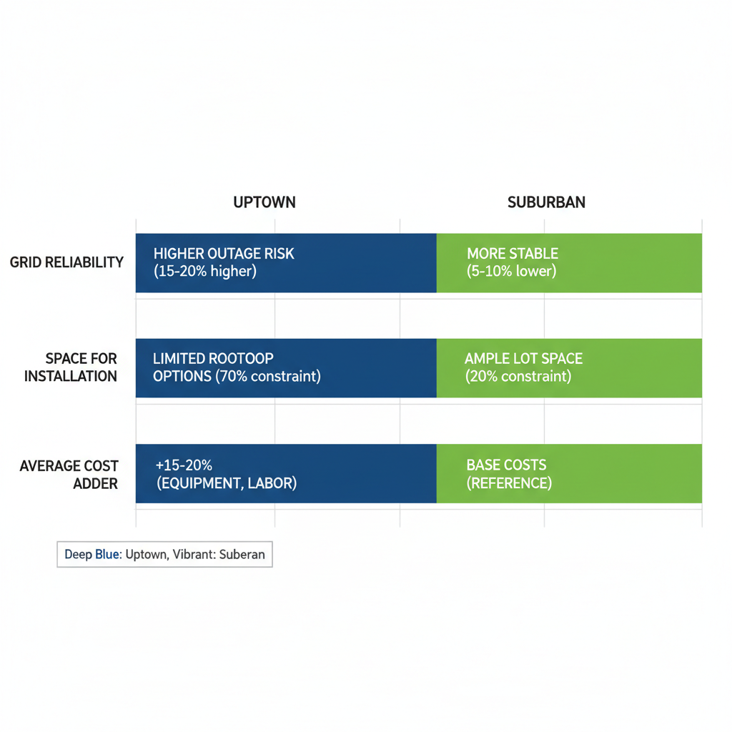 Infographic comparing power reliability factors between Uptown and Suburban Charlotte using horizontal bar charts in blue and green.