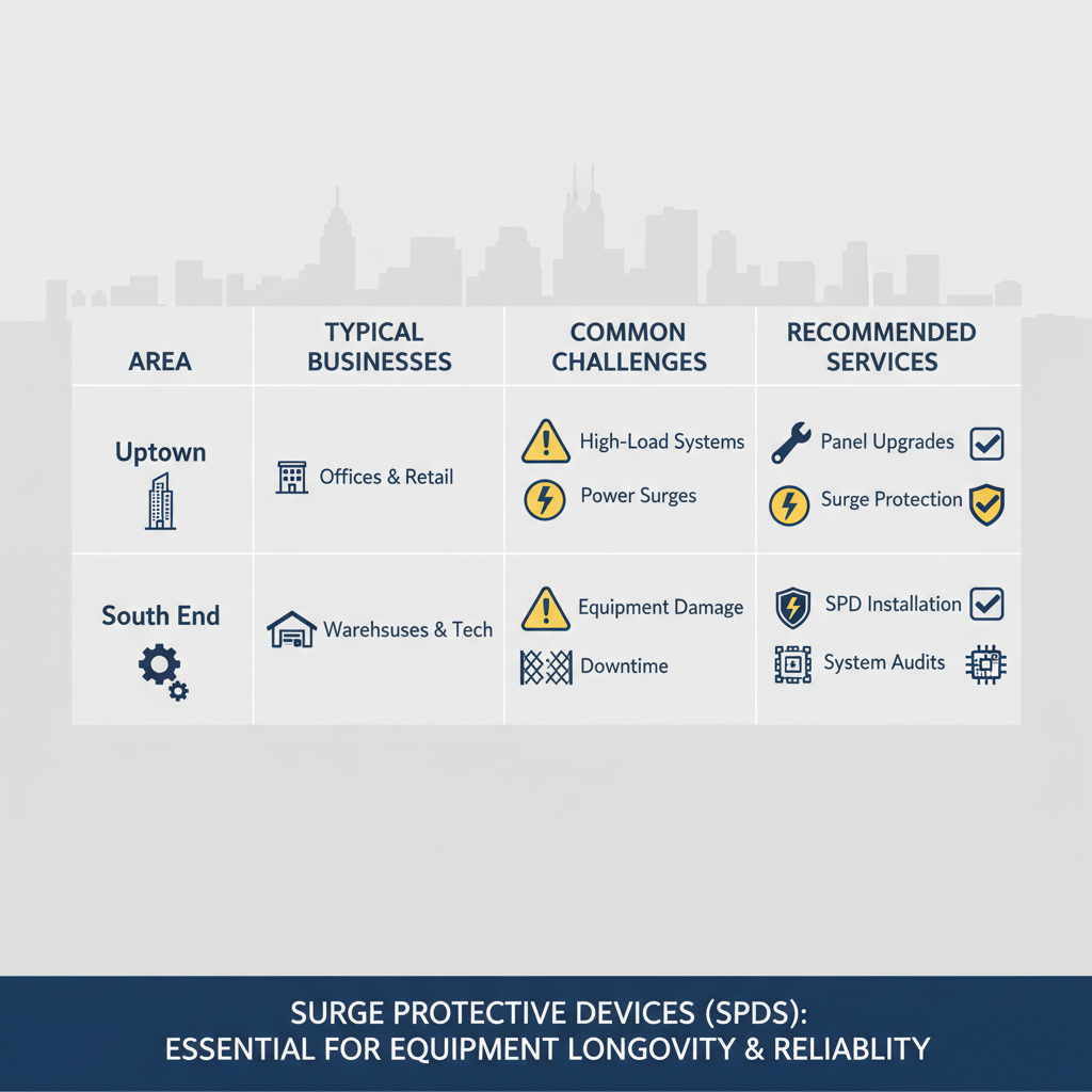 Infographic comparing commercial electrical demands and services in Charlotte's Uptown and South End areas.