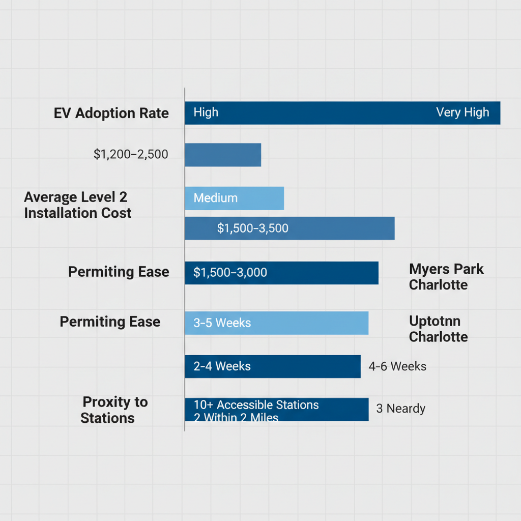Horizontal bar chart comparing EV charging readiness metrics in Dilworth, Myers Park, and Uptown Charlotte