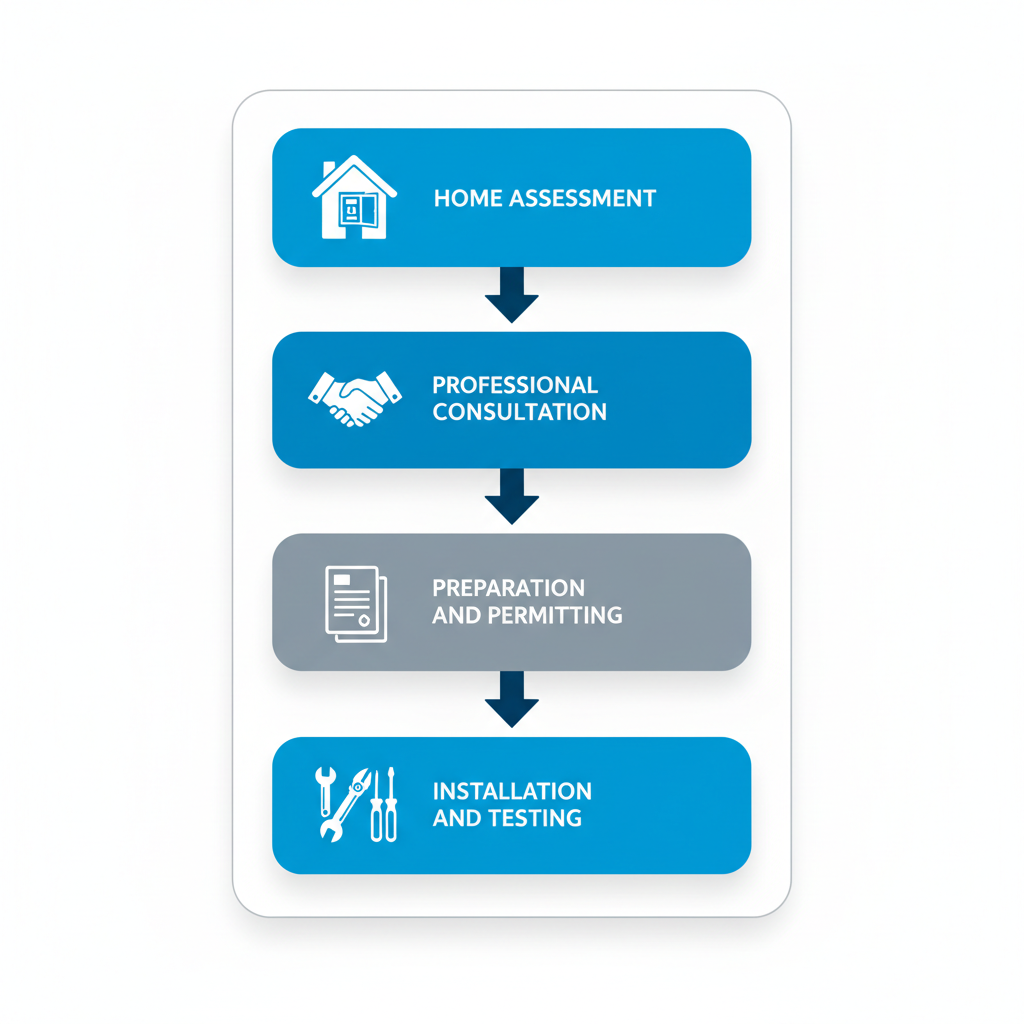 Vertical process flow diagram illustrating the four key steps for EV charger installation: home assessment, professional consultation, preparation and permitting, installation and testing.