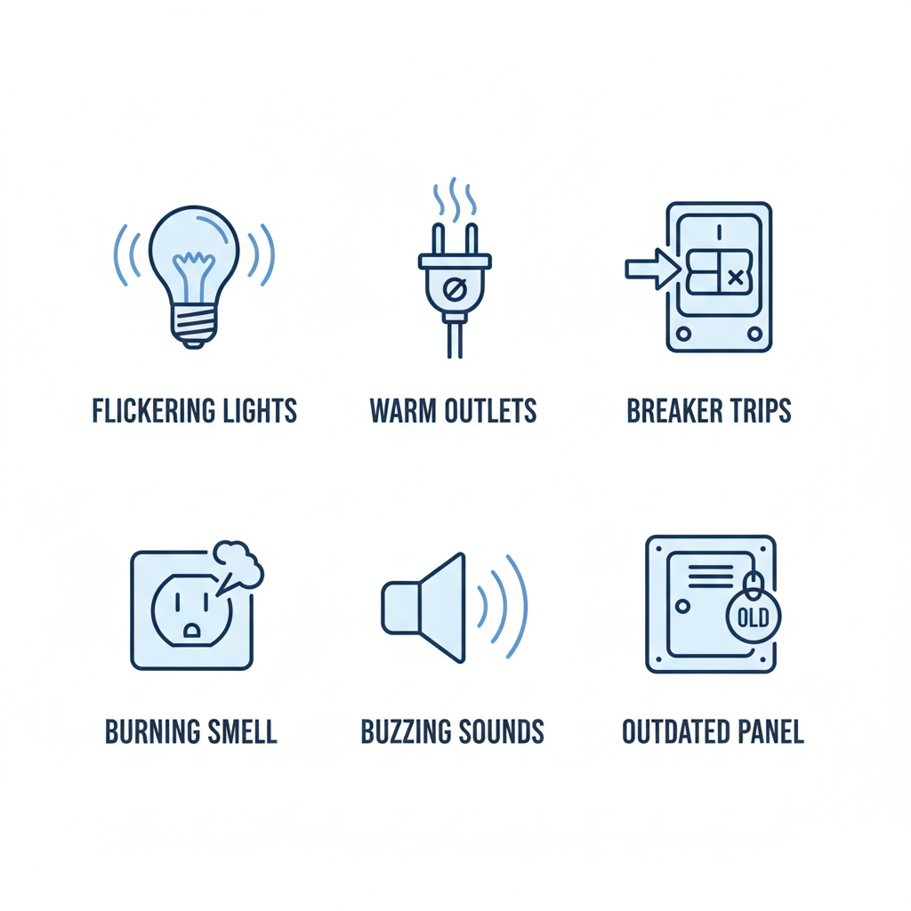 Grid of icons depicting signs of electrical overload: flickering lights, warm outlets, breaker trips, burning smells, buzzing sounds, and outdated panels.