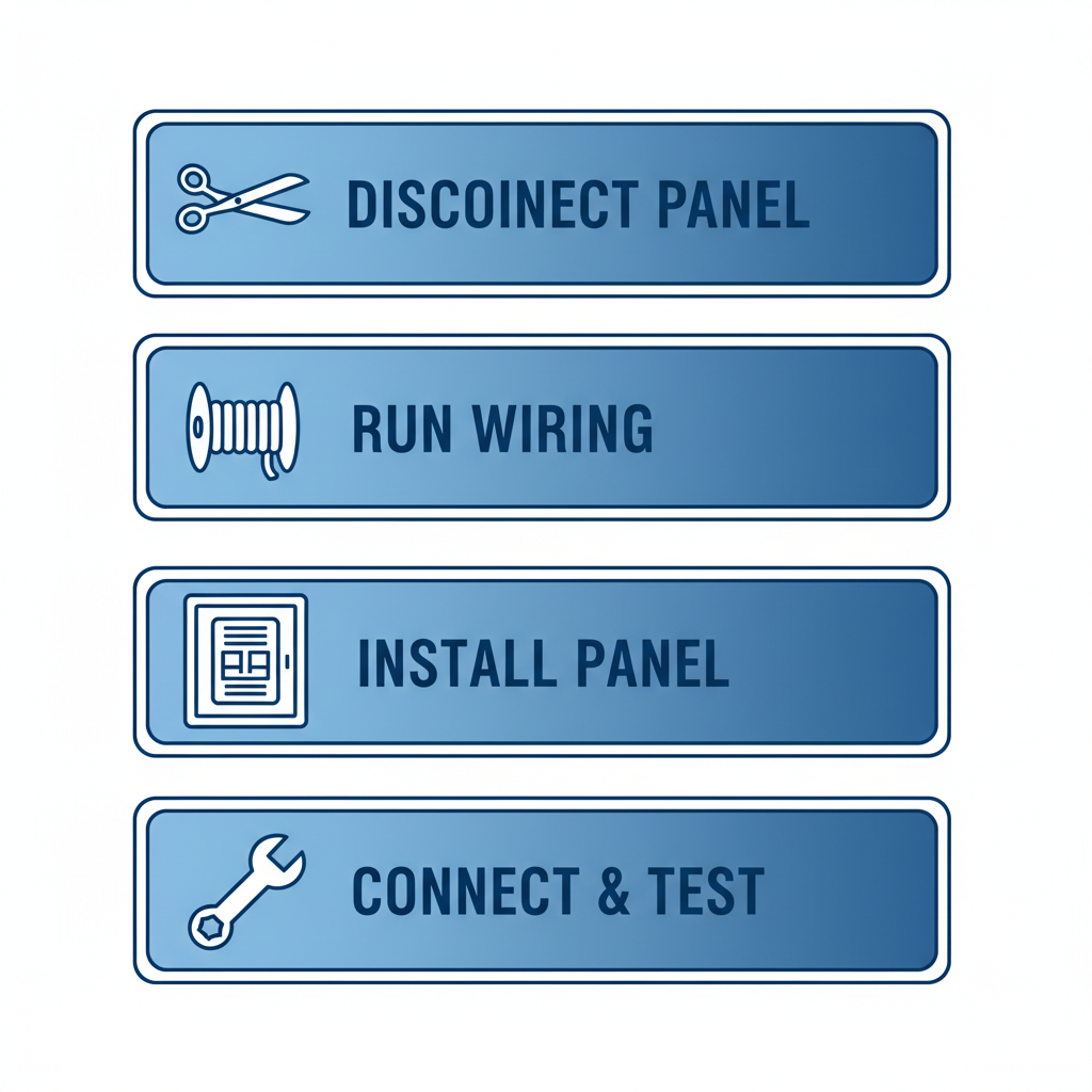 Process flow diagram showing four stages of residential electrical panel upgrade with icons and minimal labels