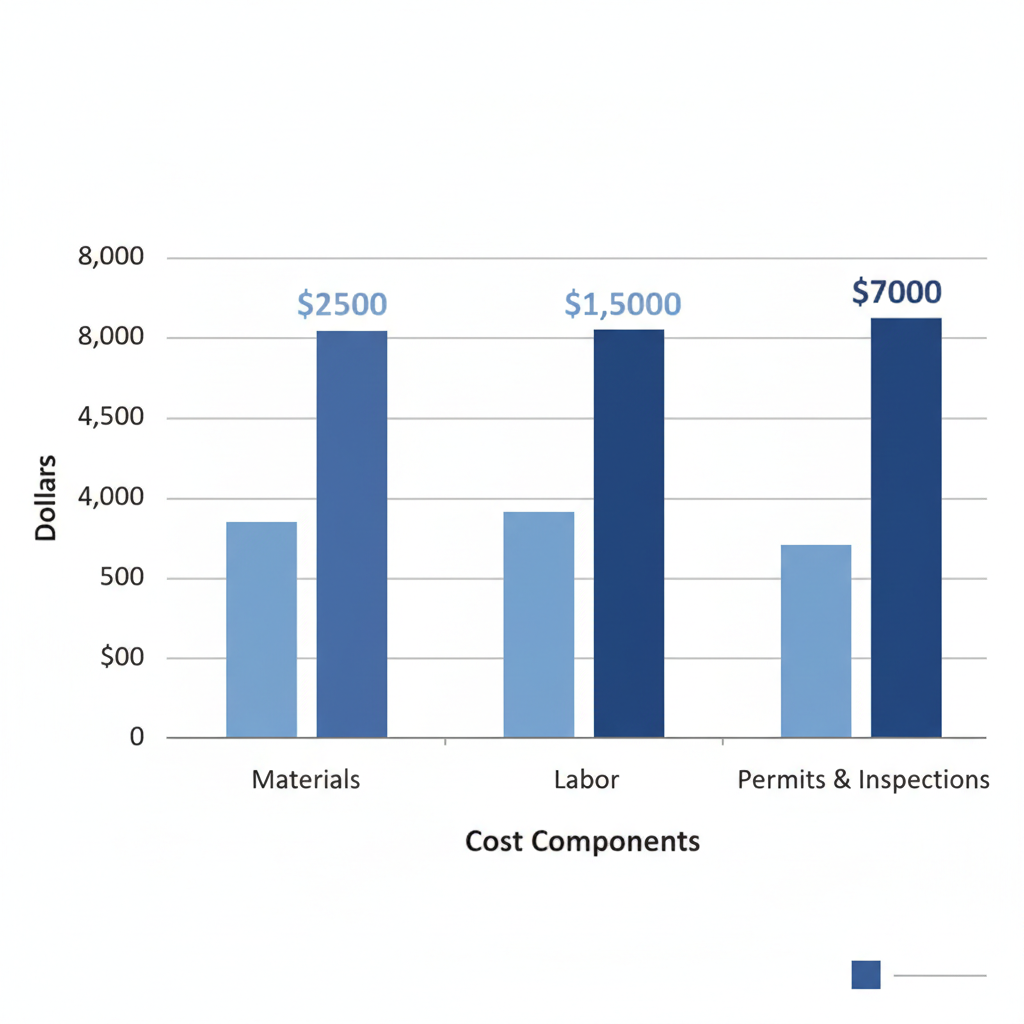 Clustered bar chart of low and high-end cost components for electrical panel upgrades in Dilworth, NC, including materials, labor, and permits.
