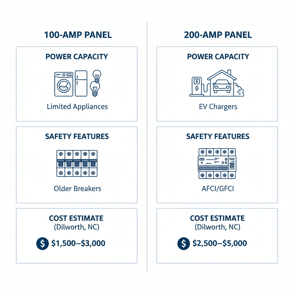 Infographic comparing 100-amp and 200-amp electrical panels showing power capacity, safety features, and cost estimates with icons and minimal labels