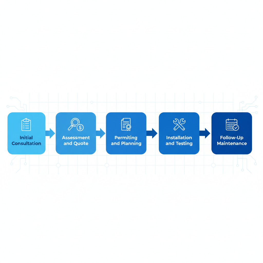 Horizontal process flow diagram showing five stages of electrical services in Concord, NC: consultation, assessment, permitting, installation, and maintenance.