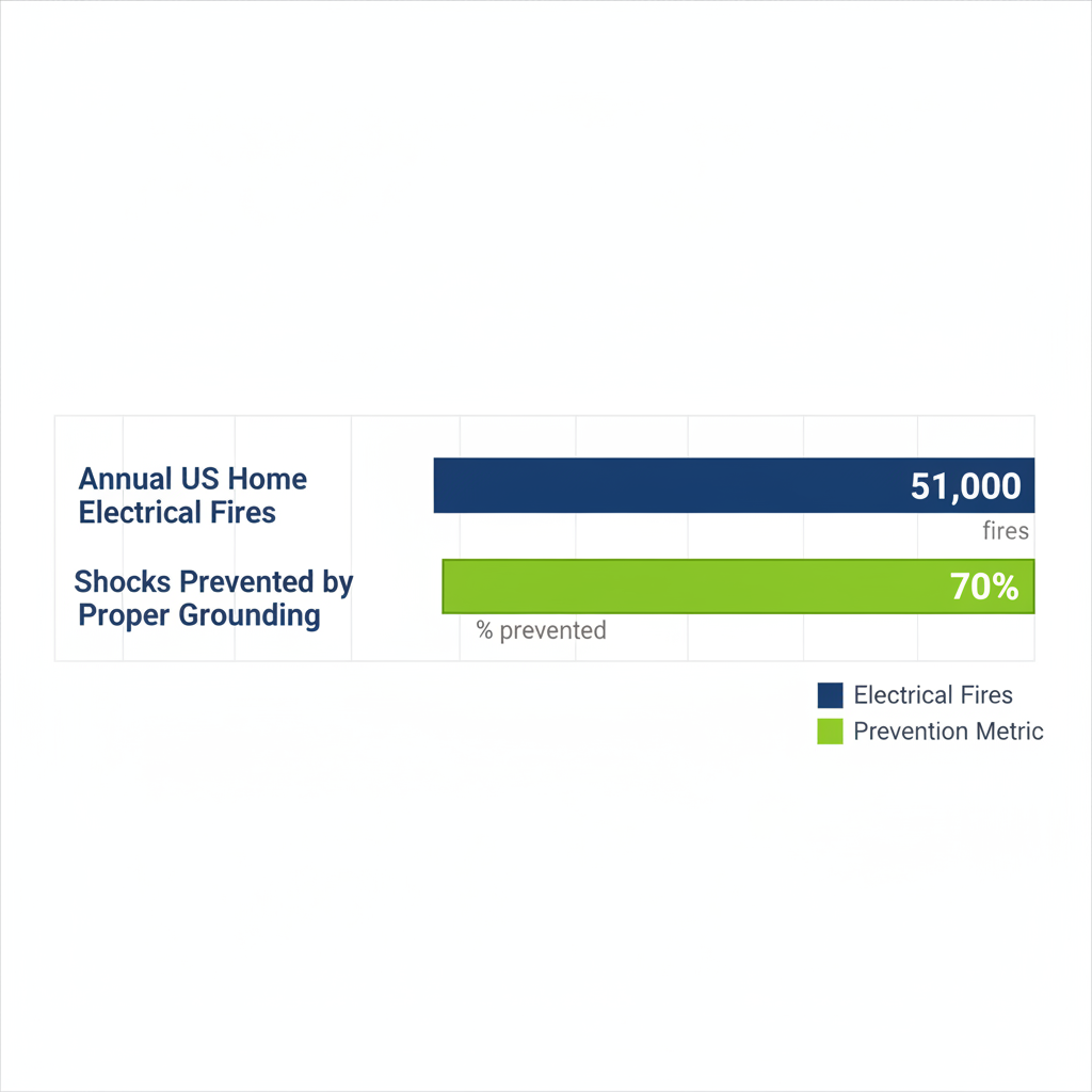 Horizontal bar chart displaying annual US home electrical fires at 51,000 and 70% shock reduction through proper grounding.