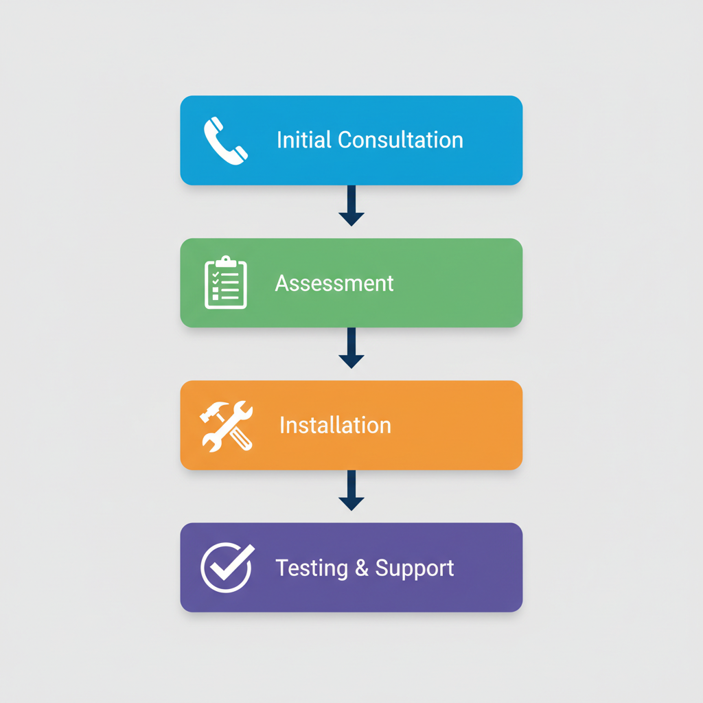 Diagram of four-stage process for residential electrical services: consultation, assessment, installation, and testing with support.
