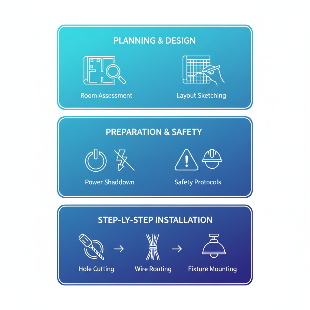 Vertical process flow diagram illustrating the three stages of recessed lighting installation: planning and design, preparation and safety, and step-by-step installation with icons and blue gradients.