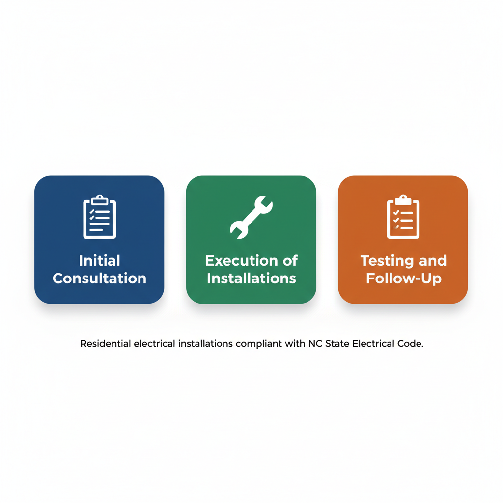 Horizontal process flow diagram illustrating three stages of residential electrical installations: initial consultation, execution, and testing with follow-up.