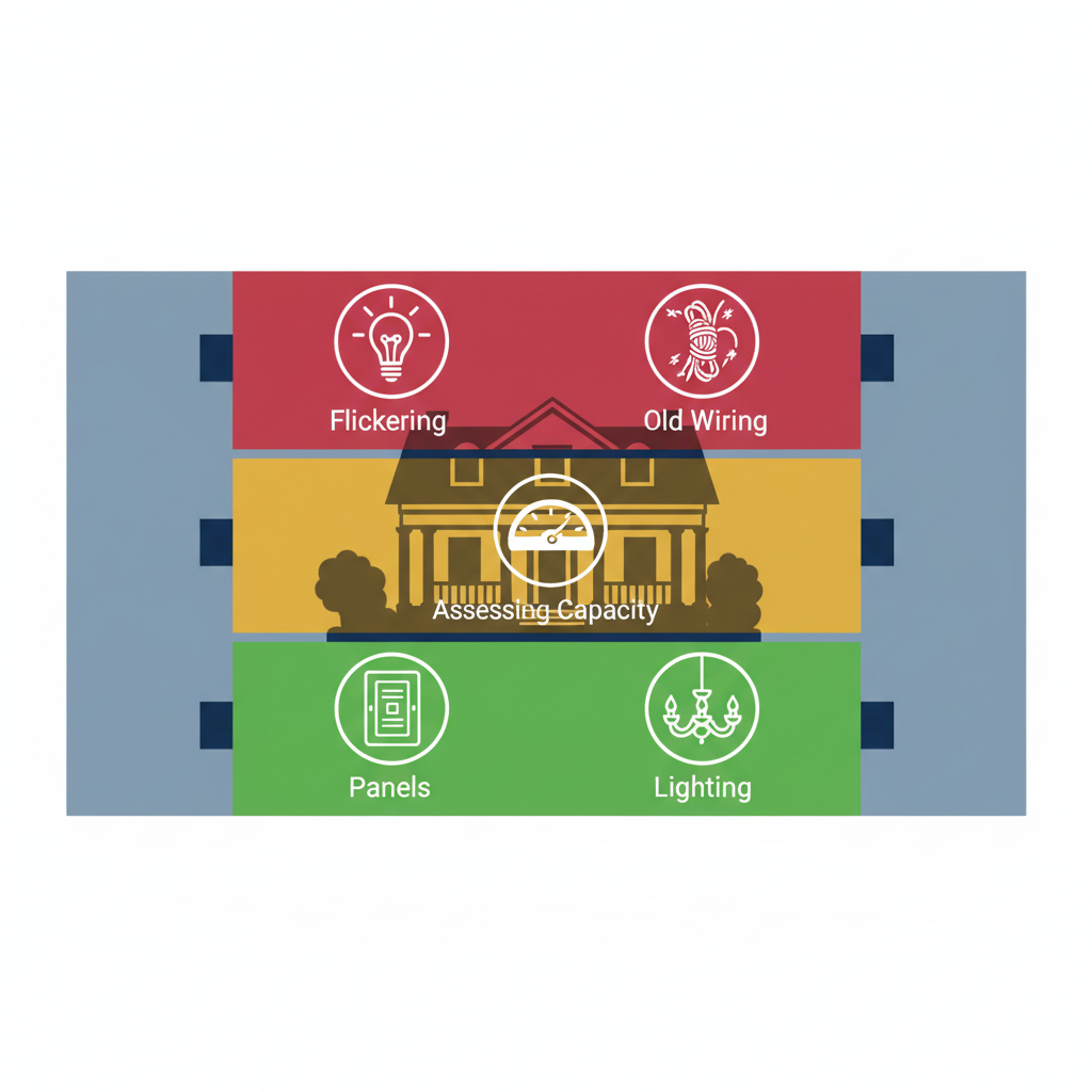 Infographic depicting common residential electrical issues, capacity assessment, and key services in Myers Park with icons and color-coded panels