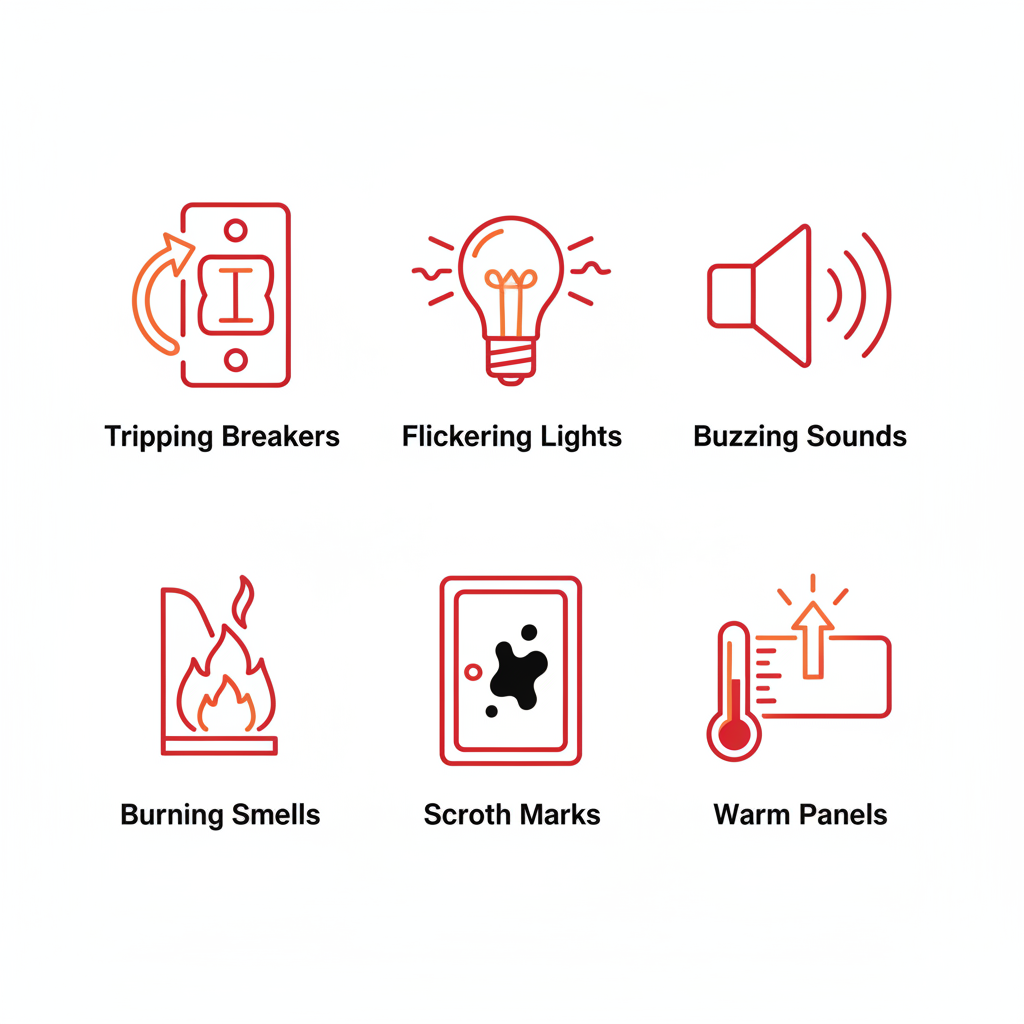 Grid of six icons illustrating common signs of breaker box problems: tripping, flickering, buzzing, burning, scorch marks, and warm panels.