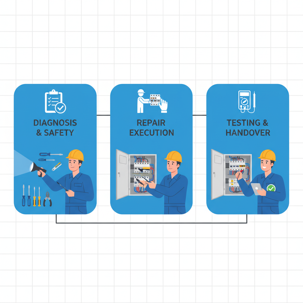 Horizontal process flow diagram showing three stages of breaker box repair: diagnosis, execution, and testing.