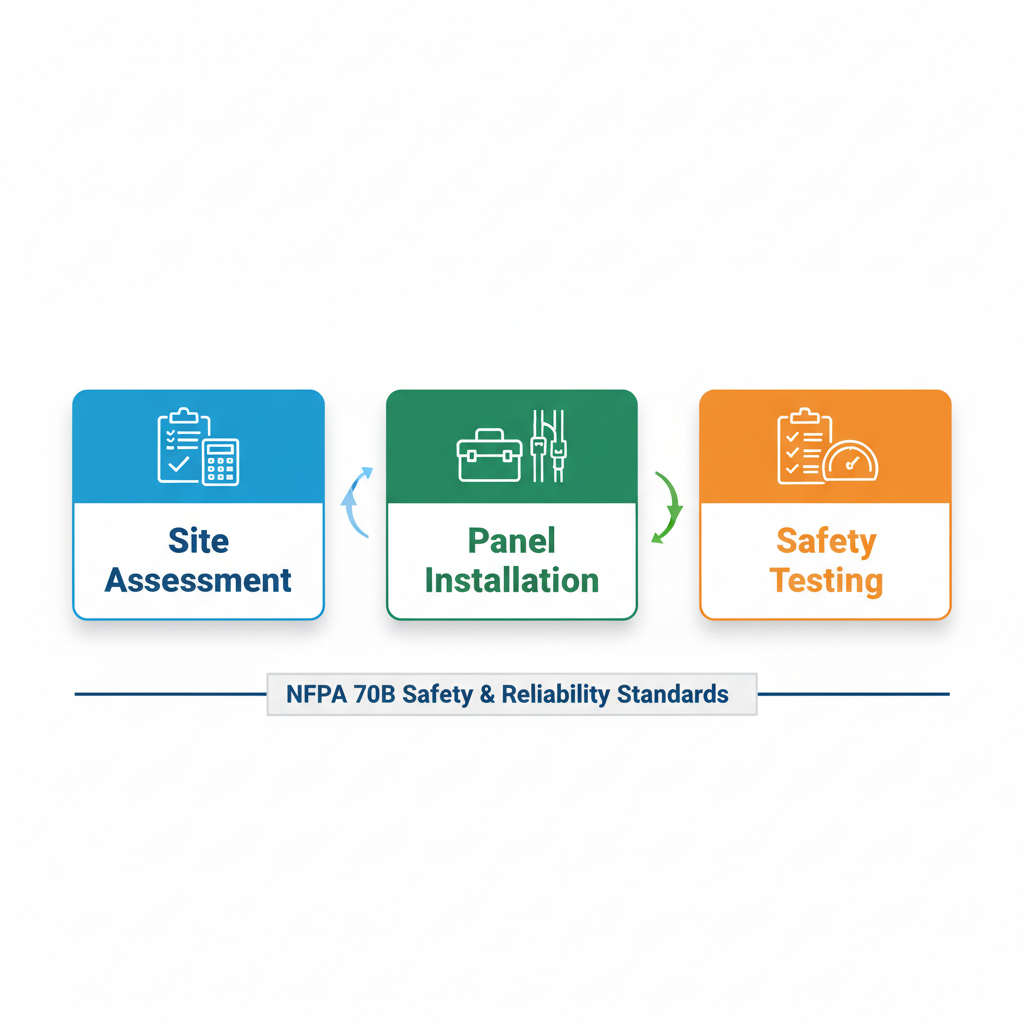 Horizontal process flow diagram illustrating three stages of electrical panel upgrades: site assessment, installation, and safety testing in a clean professional style