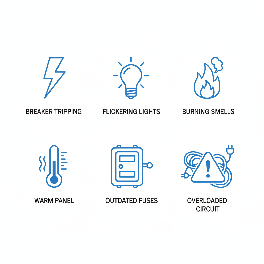 Grid of icons showing signs of electrical panel issues including tripping breakers, flickering lights, and more for residential safety.